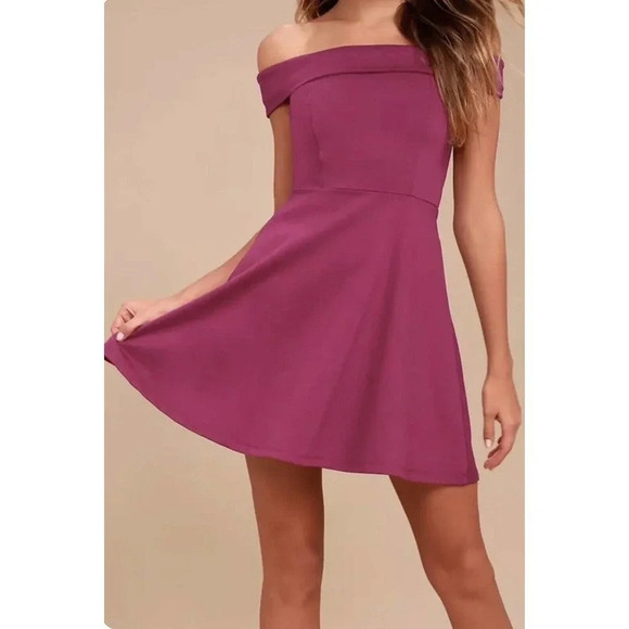 Lulus Season Of Fun Magenta Off The Shoulder Skater Fit and Flare Dress Size S - Picture 8 of 10